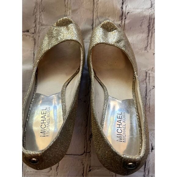 Michael Kors Size 8.5 Gold Sparkle Glitter Platform Peep Toe Pump Heels Bridal - Picture 12 of 16